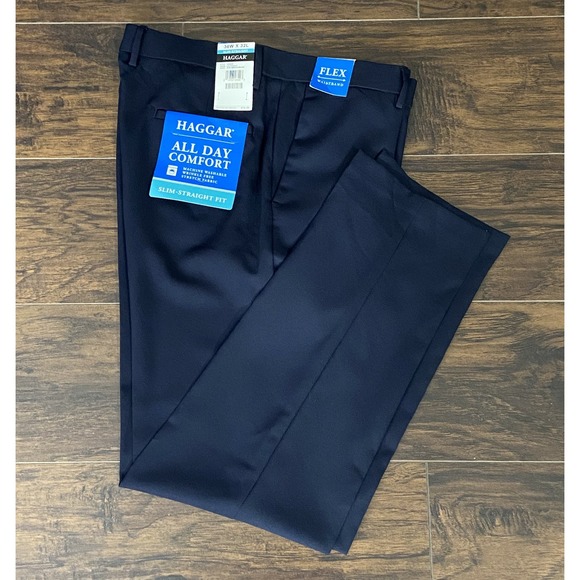 Haggar Men's 36X32 Dress Pant Slim Fit Straight Leg Dark Blue Flex Waistband NEW - Picture 1 of 13